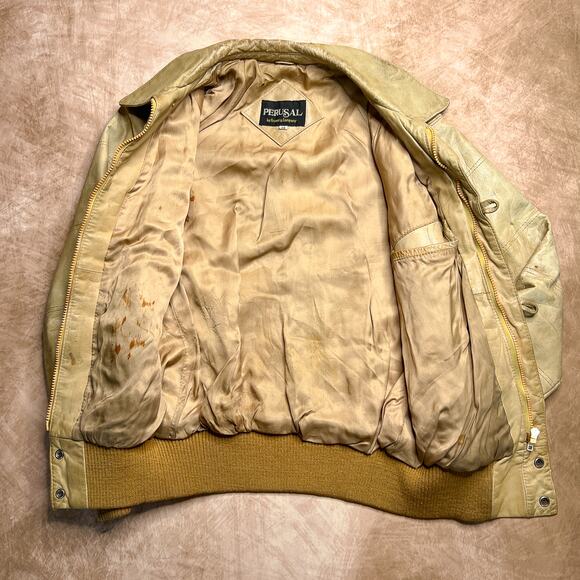 Perusal by Gruner & Company Vintage 80s Leather Bomber Jacket Distressed Tan Zip - Picture 3 of 13